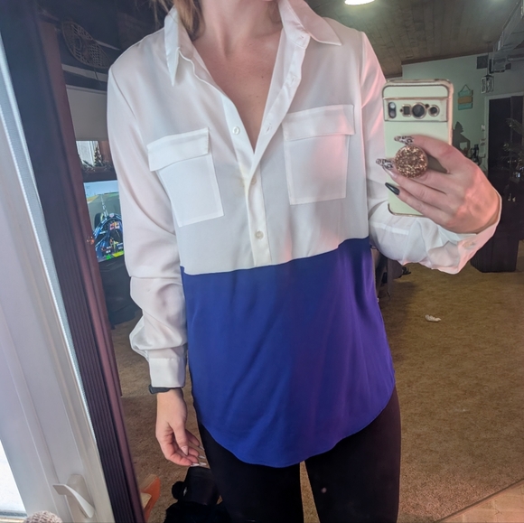 Calvin Klein Tops - Calvin Klein White and Blue Half Button Down Shirt